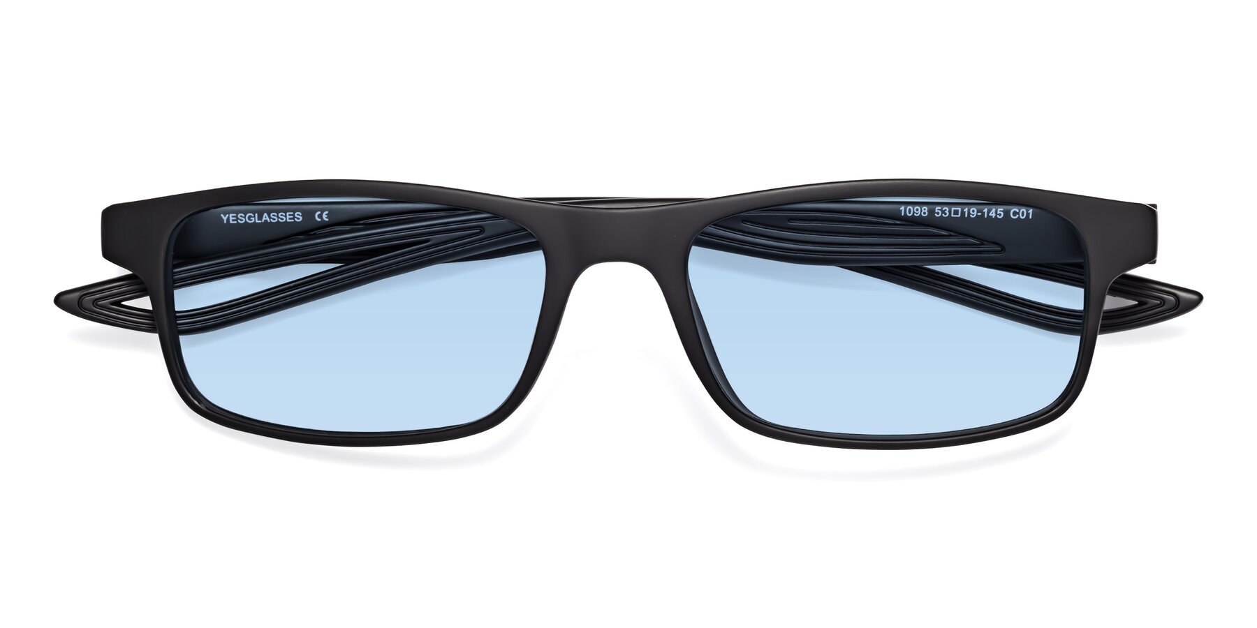 Folded Front of Bill in Matte Black with Light Blue Tinted Lenses