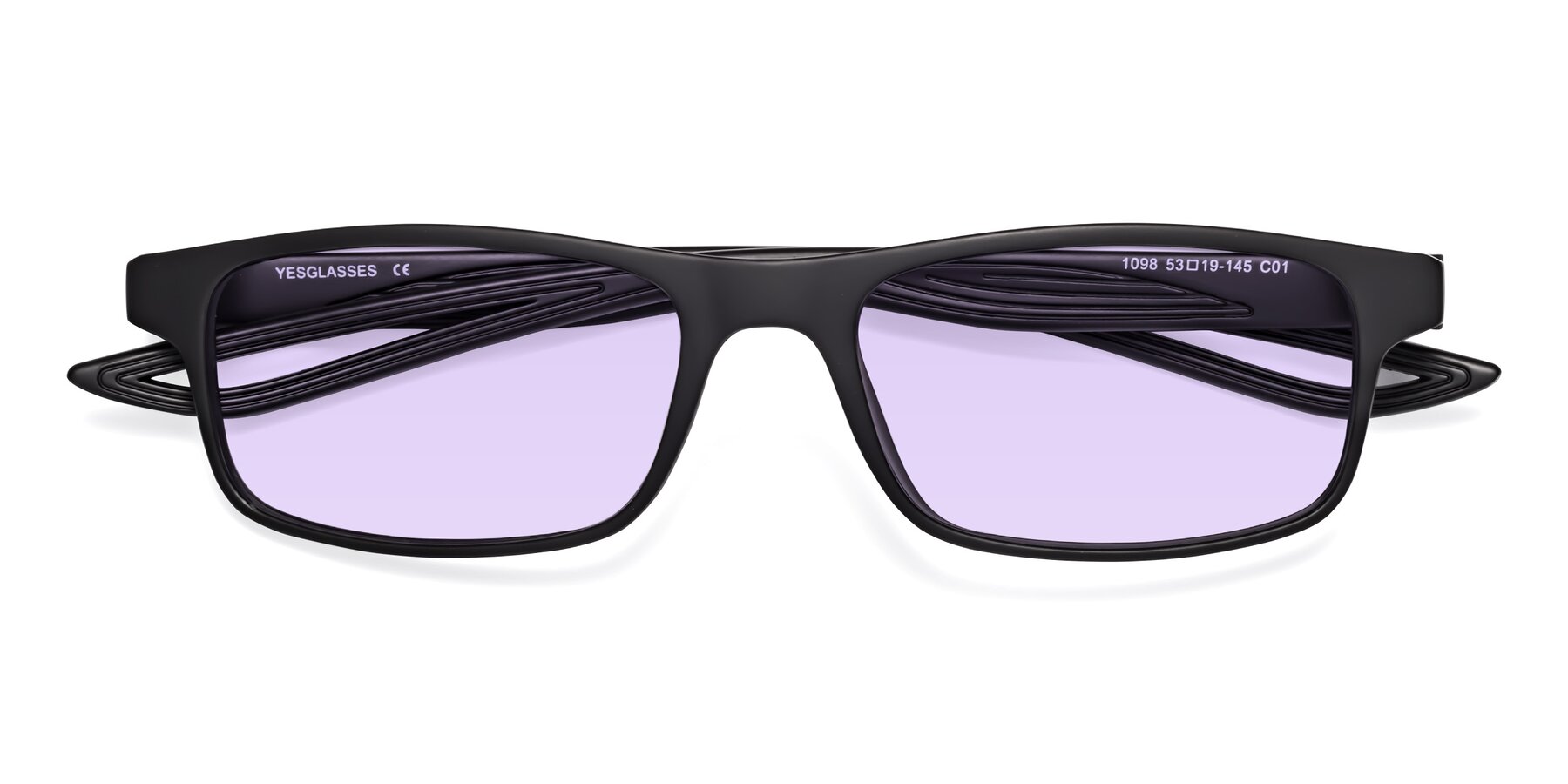 Folded Front of Bill in Matte Black with Light Purple Tinted Lenses