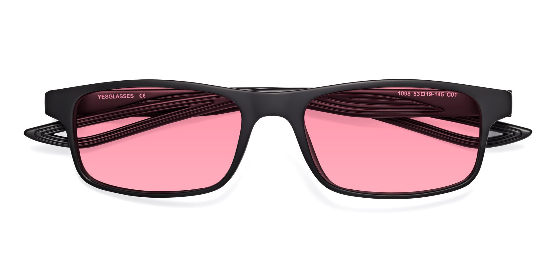 Folded Front of Bill in Matte Black with Pink Tinted Lenses