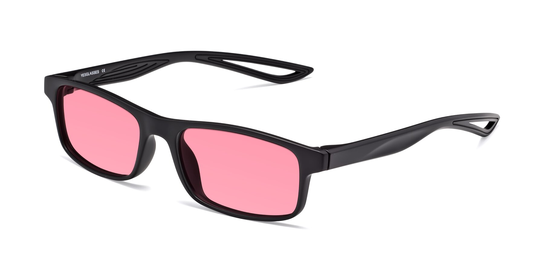 Angle of Bill in Matte Black with Pink Tinted Lenses
