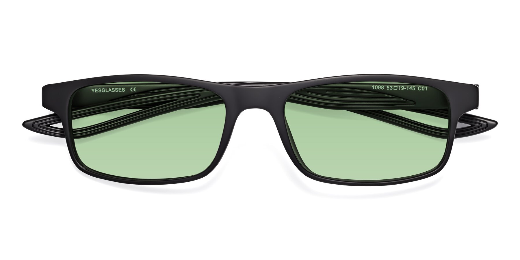 Folded Front of Bill in Matte Black with Medium Green Tinted Lenses