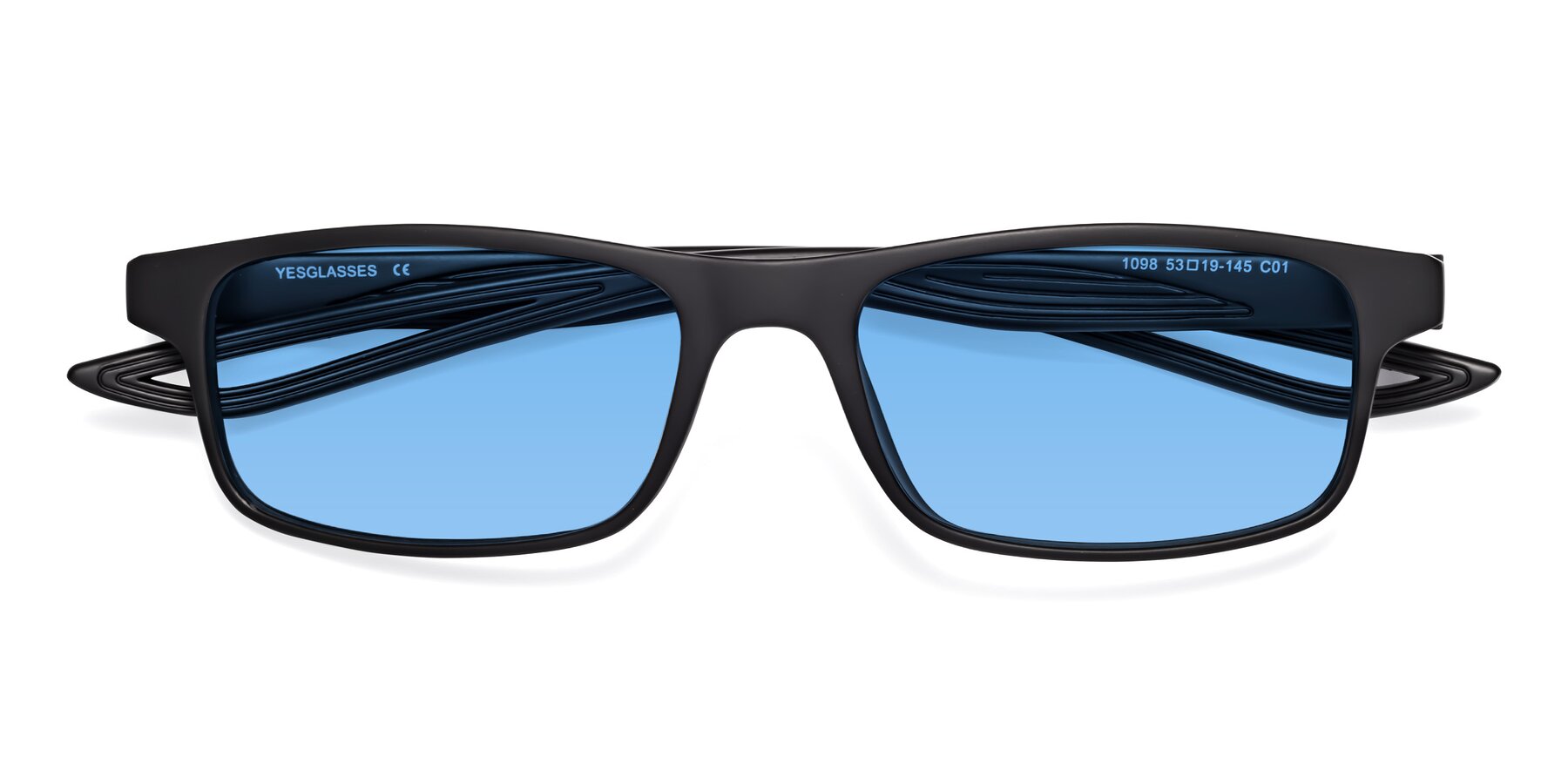 Folded Front of Bill in Matte Black with Medium Blue Tinted Lenses