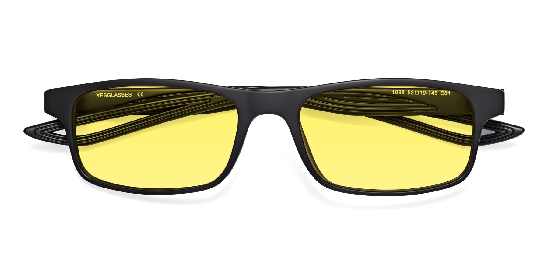 Folded Front of Bill in Matte Black with Medium Yellow Tinted Lenses