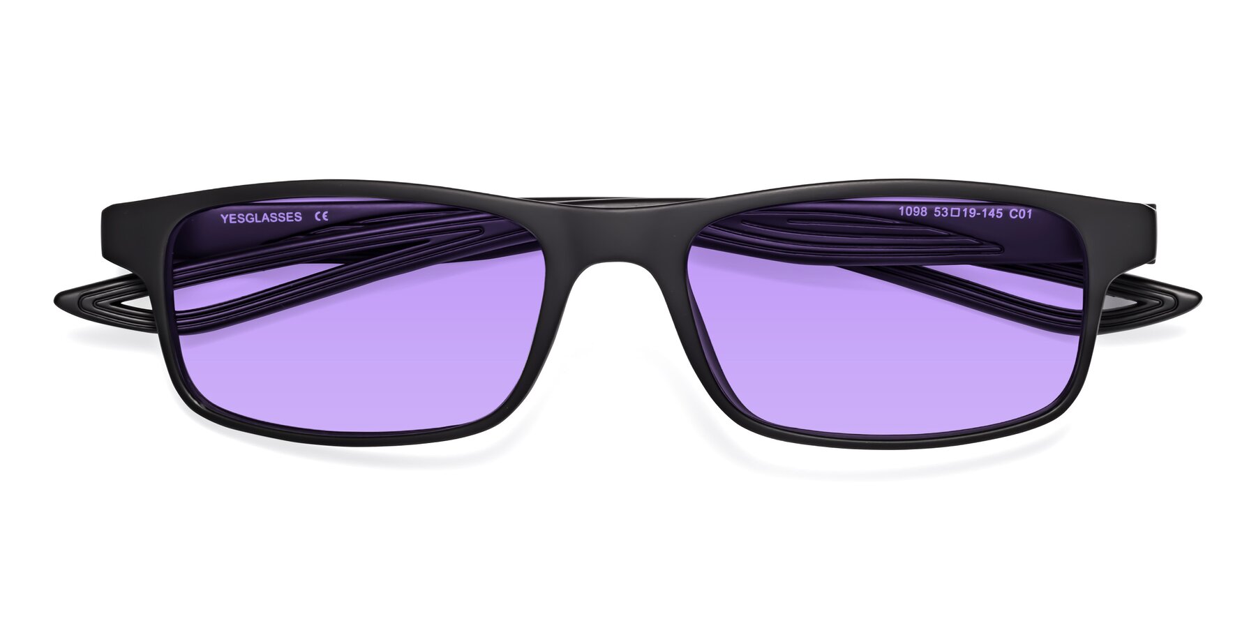 Folded Front of Bill in Matte Black with Medium Purple Tinted Lenses