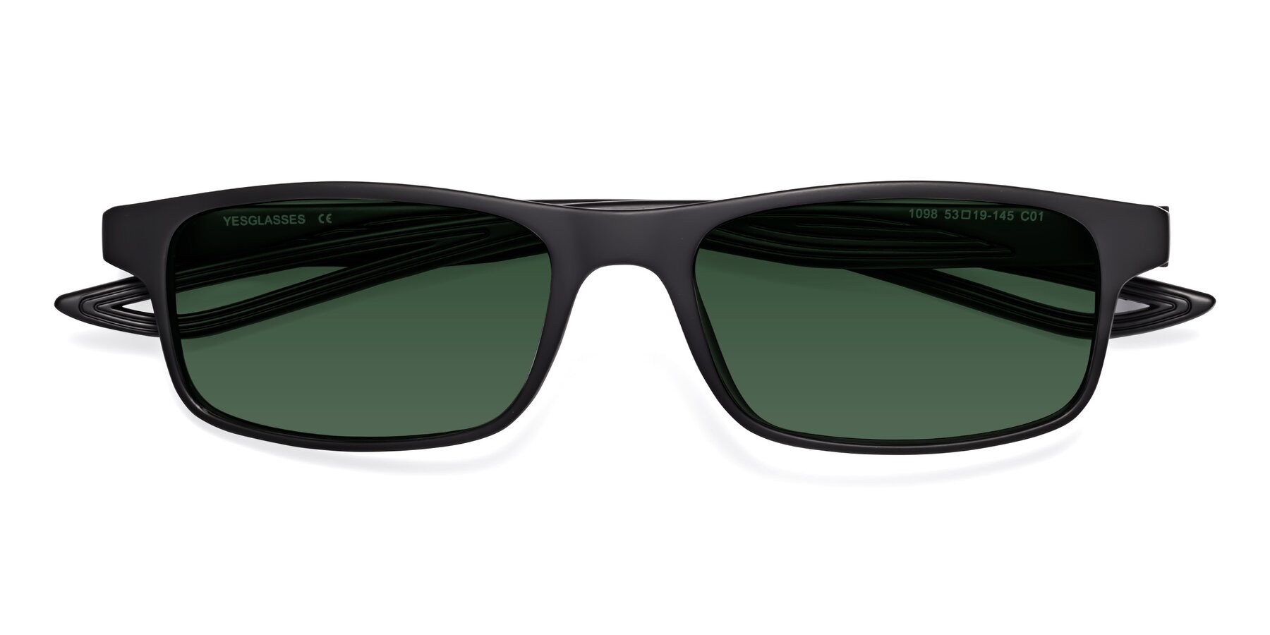 Folded Front of Bill in Matte Black with Green Tinted Lenses