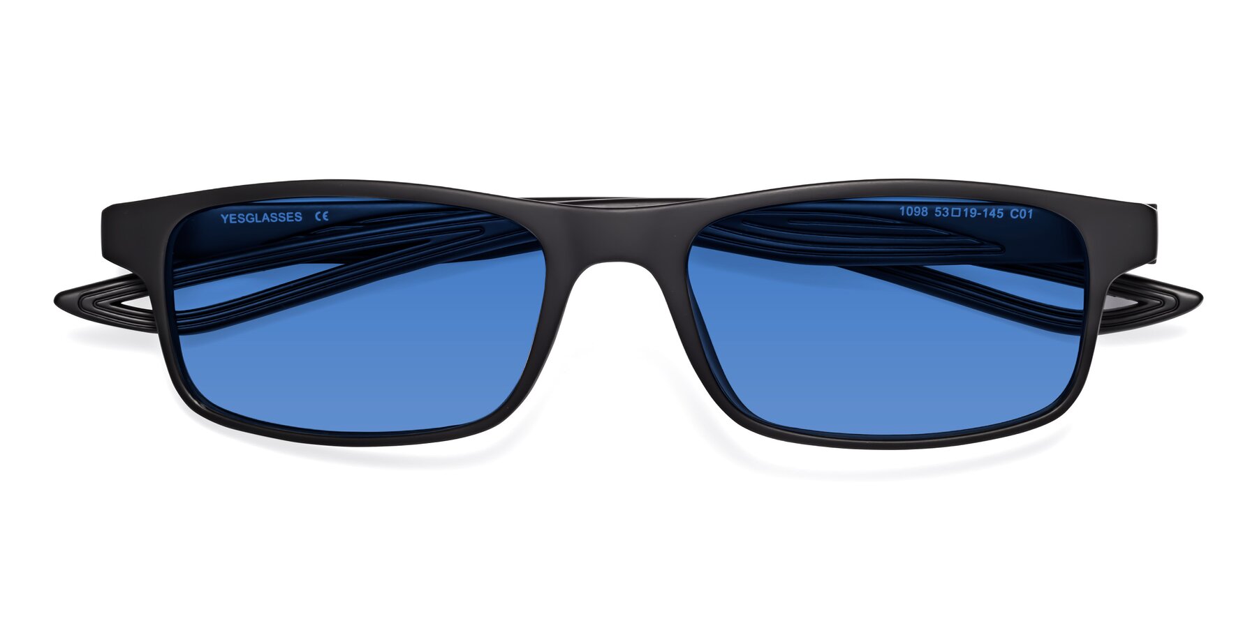 Folded Front of Bill in Matte Black with Blue Tinted Lenses