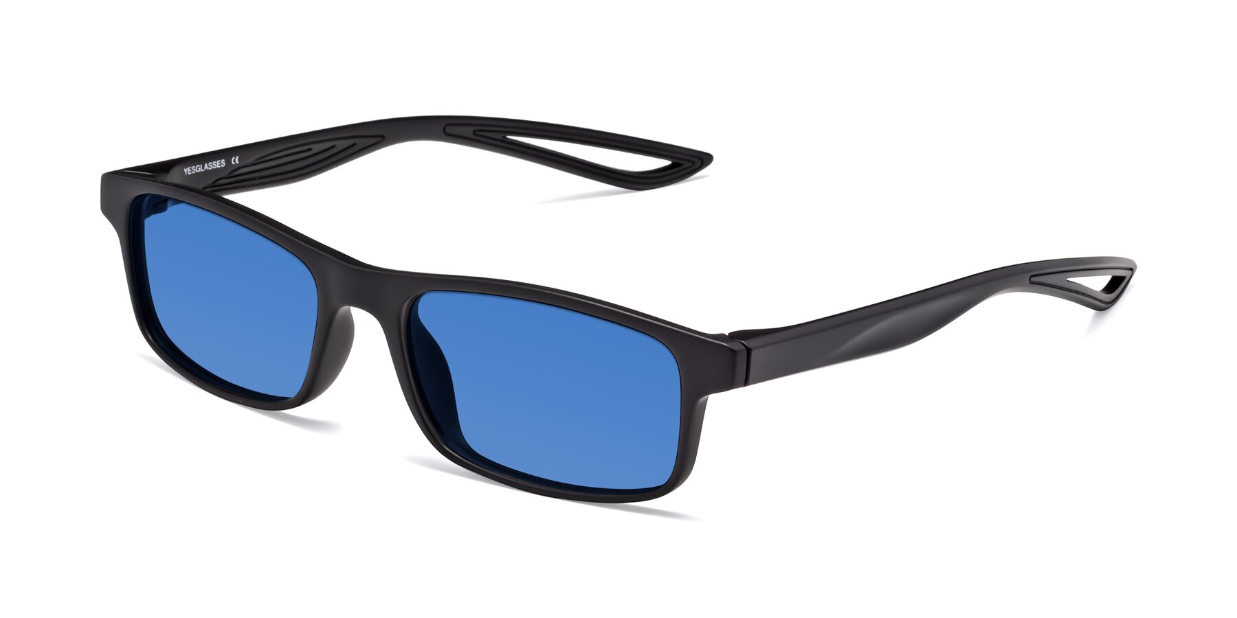 Angle of Bill in Matte Black with Blue Tinted Lenses