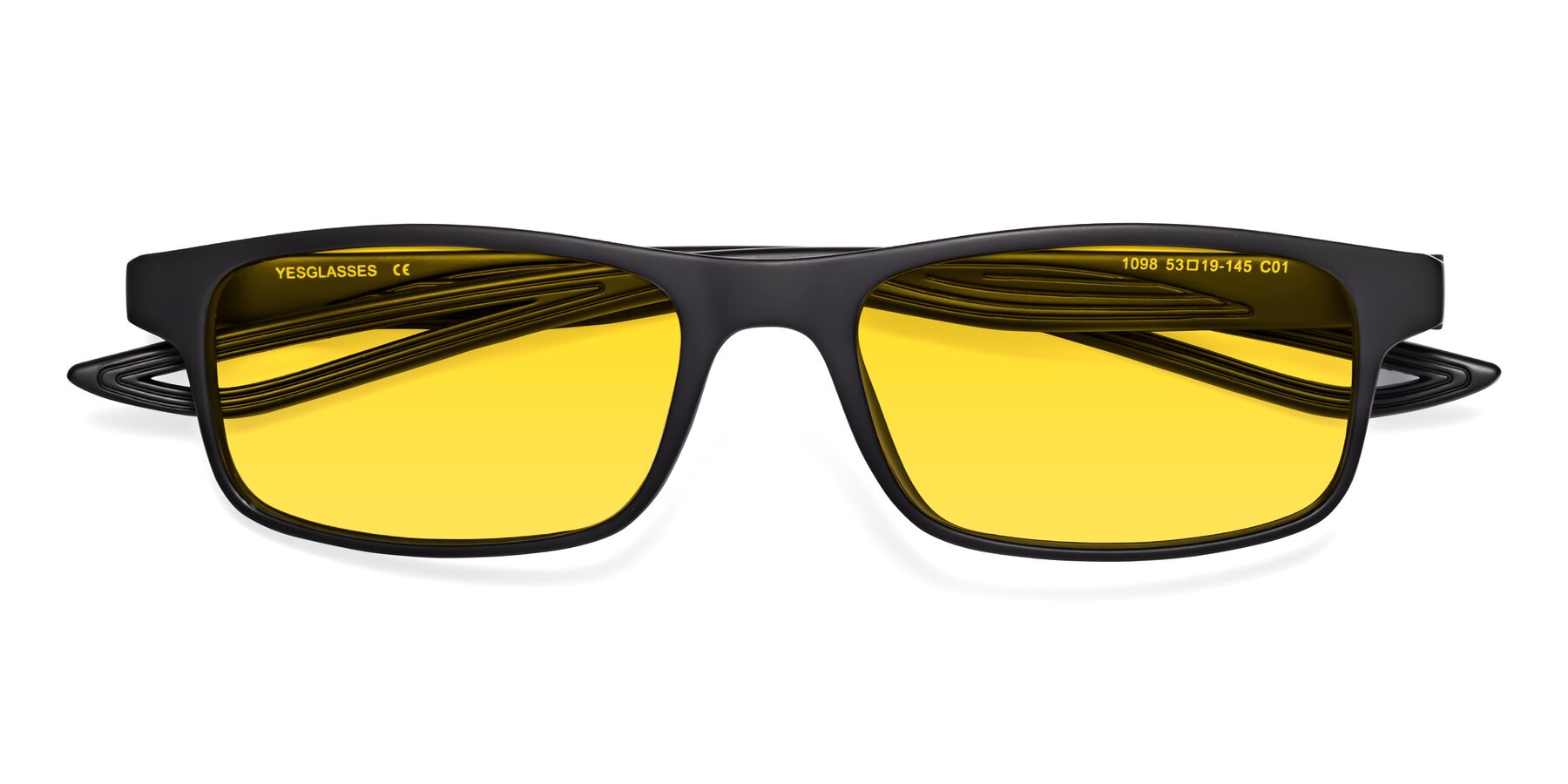 Folded Front of Bill in Matte Black with Yellow Tinted Lenses