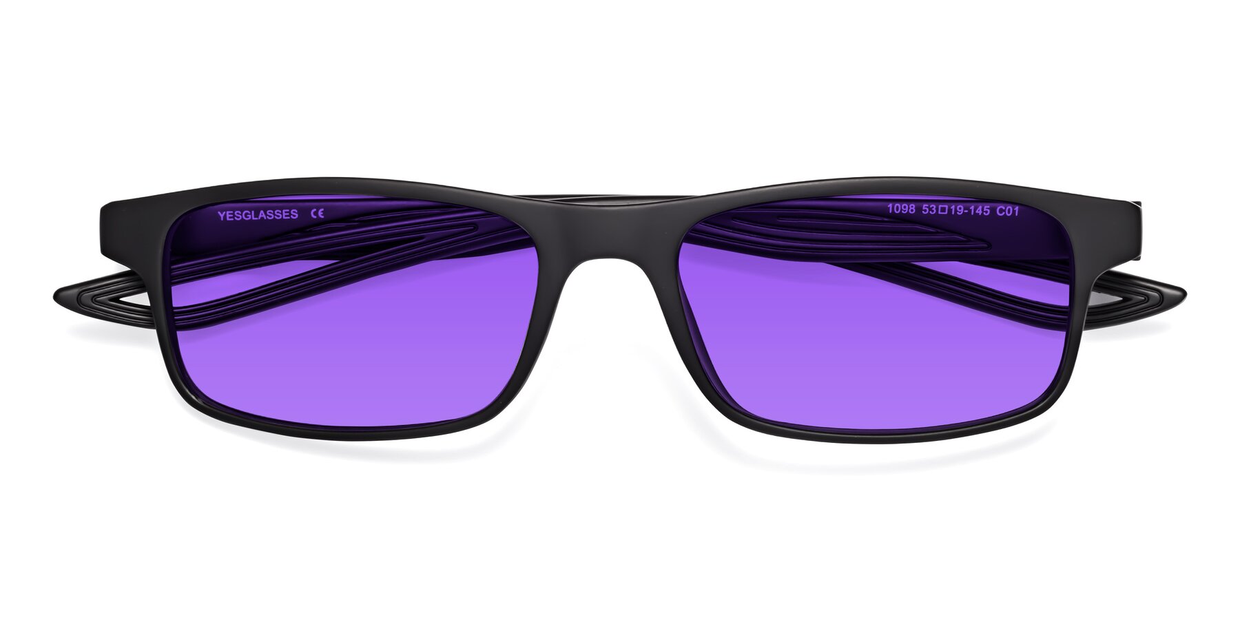 Folded Front of Bill in Matte Black with Purple Tinted Lenses