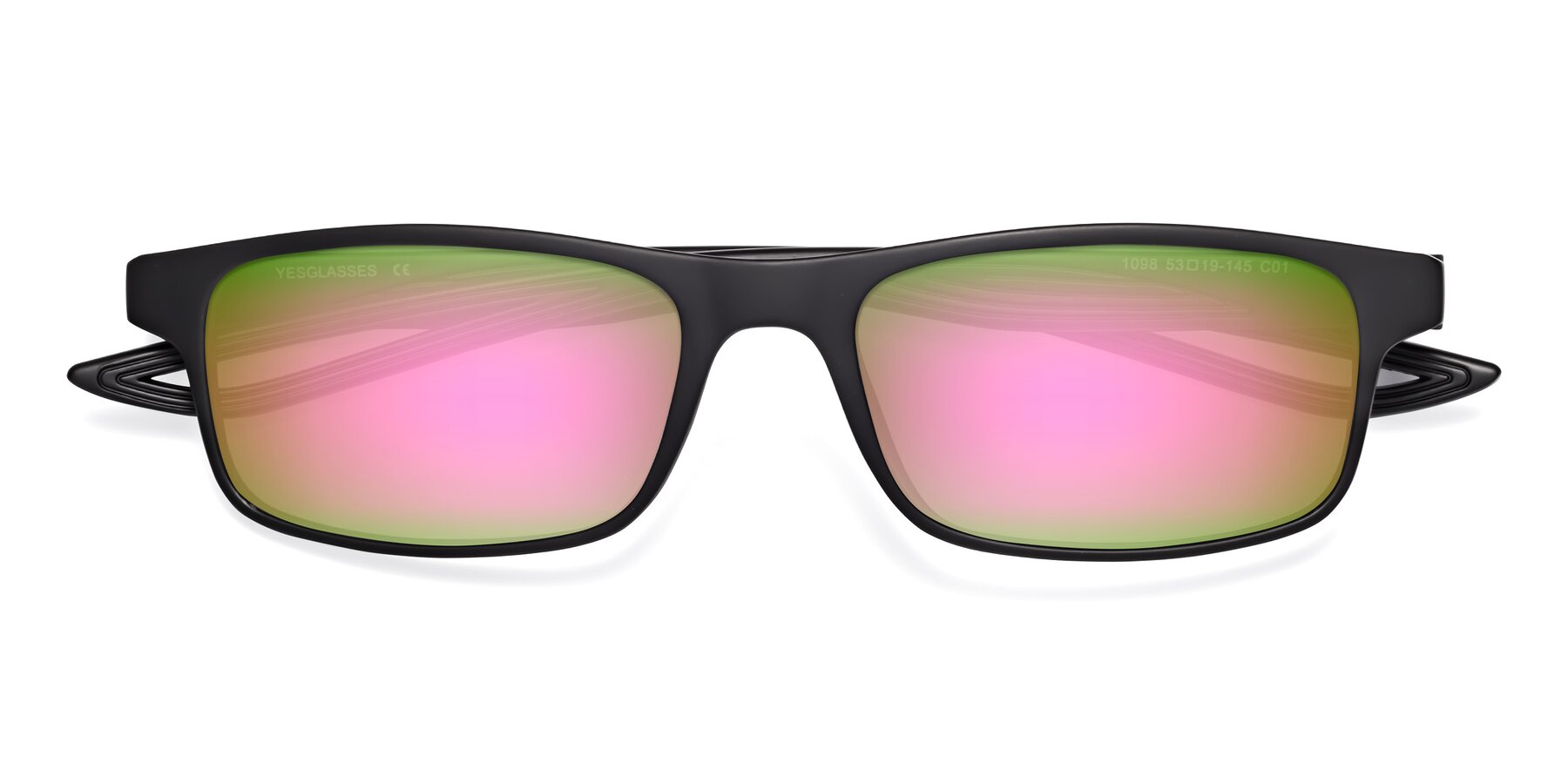 Folded Front of Bill in Matte Black with Pink Mirrored Lenses