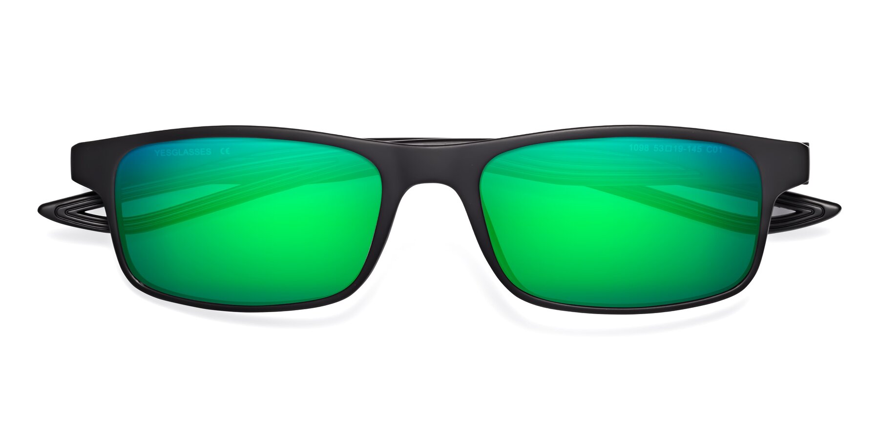 Folded Front of Bill in Matte Black with Green Mirrored Lenses