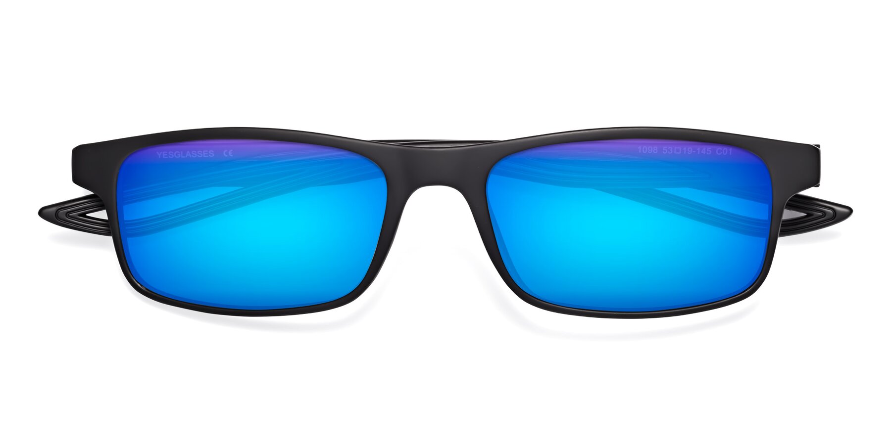 Folded Front of Bill in Matte Black with Blue Mirrored Lenses