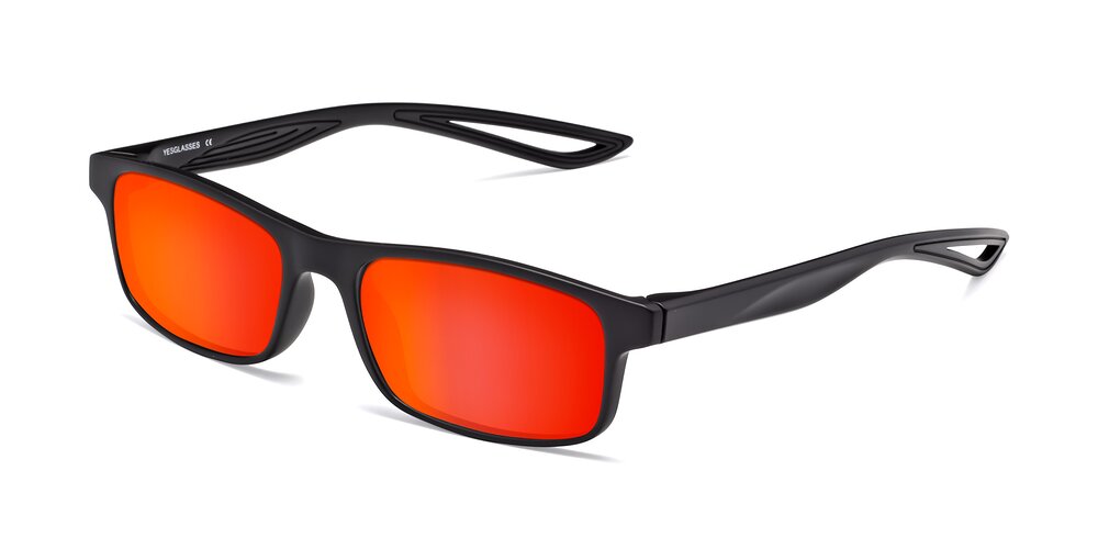 Matte Black Classic Tr90 Rectangle Mirrored Sunglasses With Red Gold