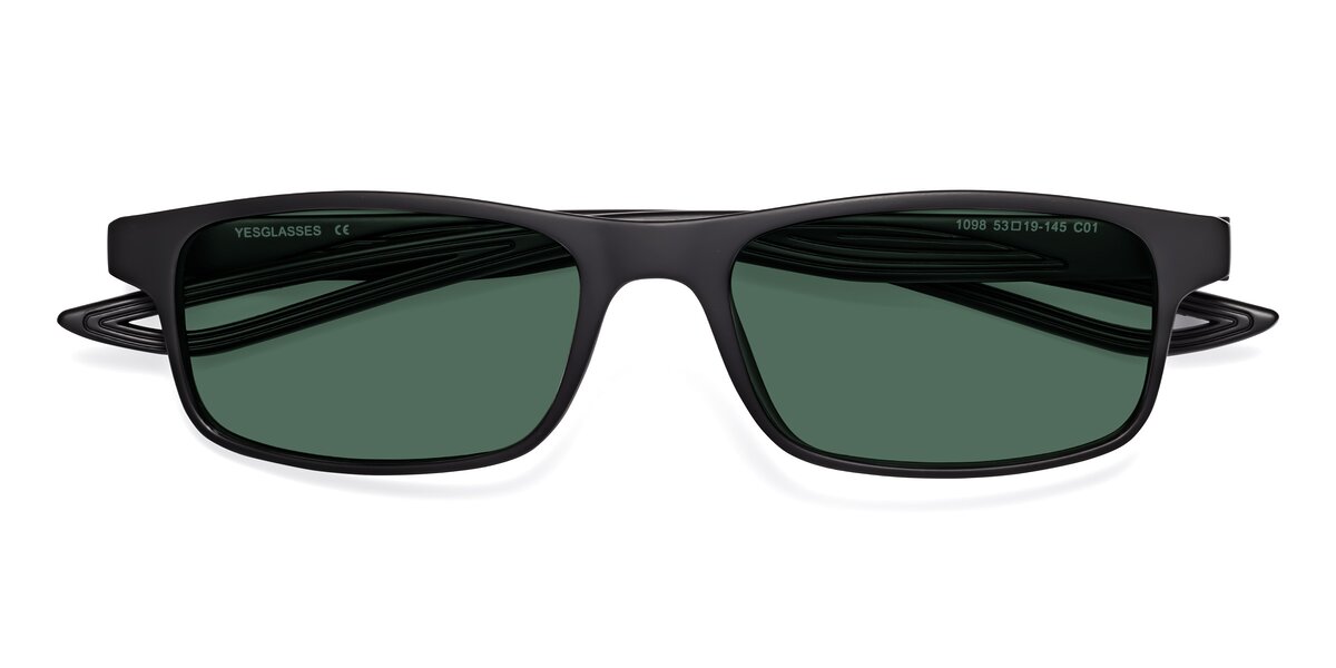 Matte Black Classic TR90 Rectangle Polarized Sunglasses with Green ...