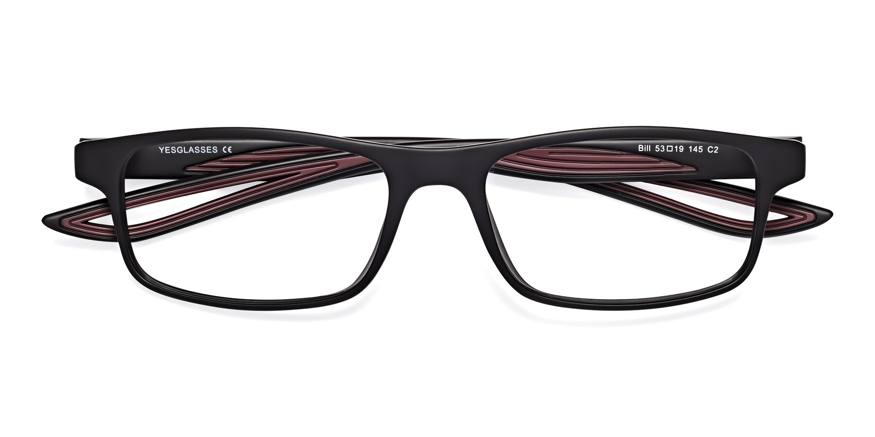 Folded Front of Bill in Matte Black-Wine with Clear Eyeglass Lenses