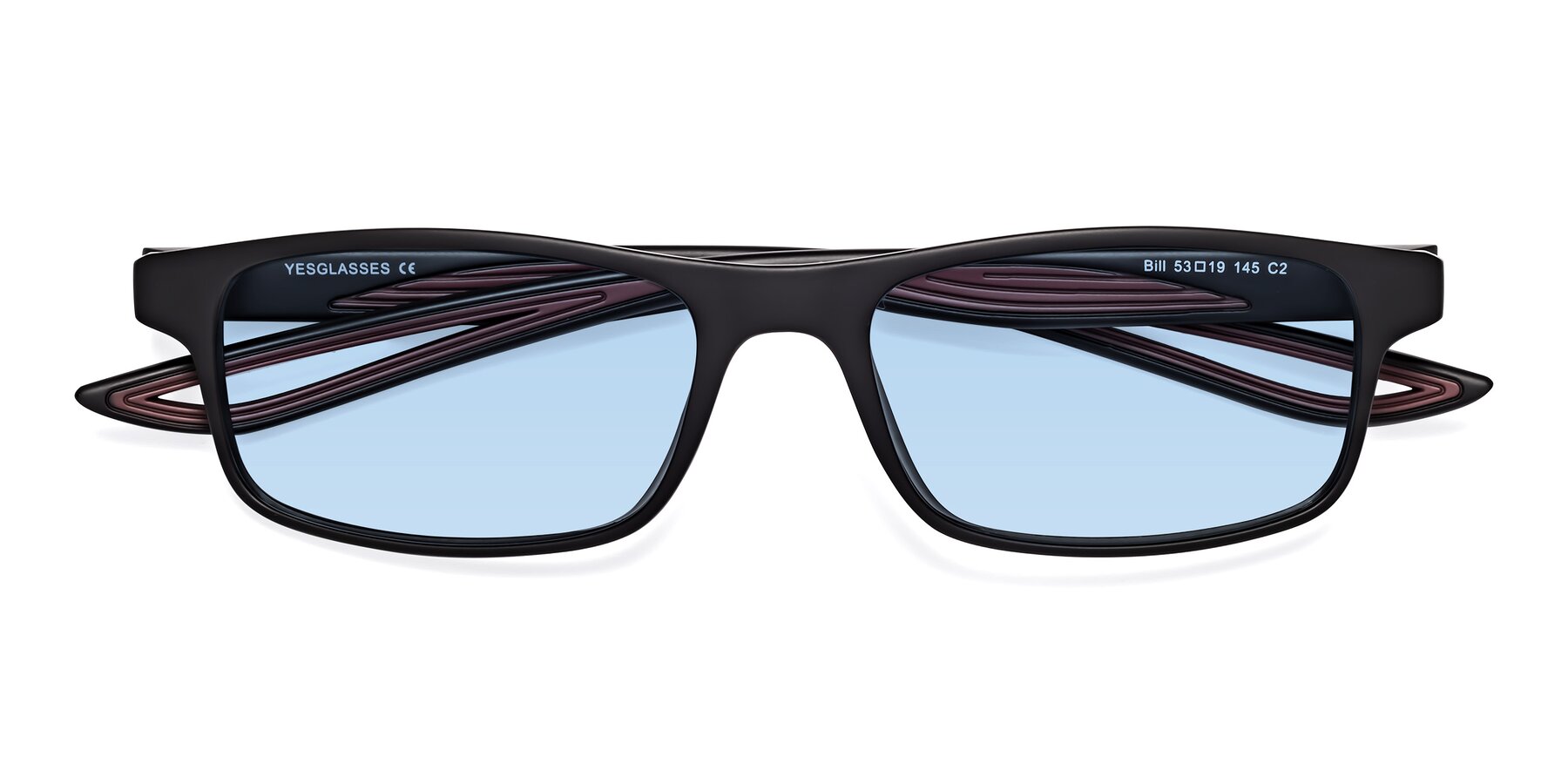 Folded Front of Bill in Matte Black-Wine with Light Blue Tinted Lenses