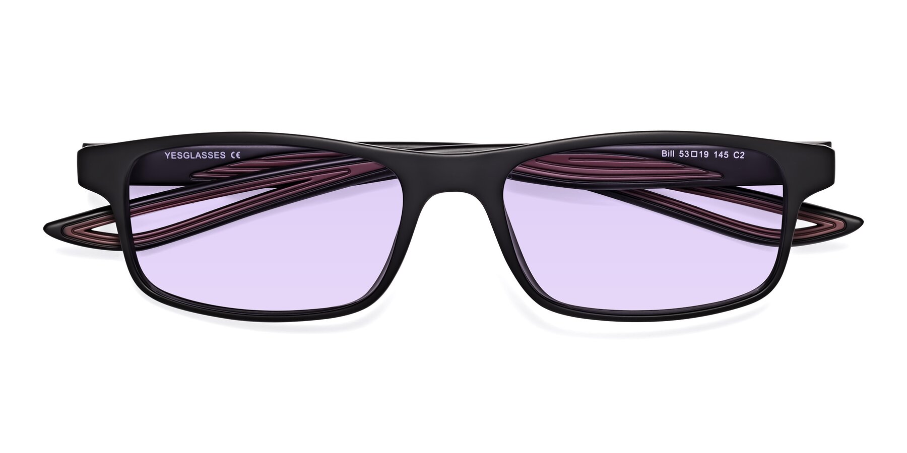 Folded Front of Bill in Matte Black-Wine with Light Purple Tinted Lenses