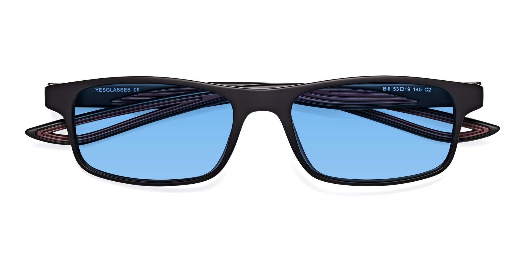 Folded Front of Bill in Matte Black-Wine with Medium Blue Tinted Lenses