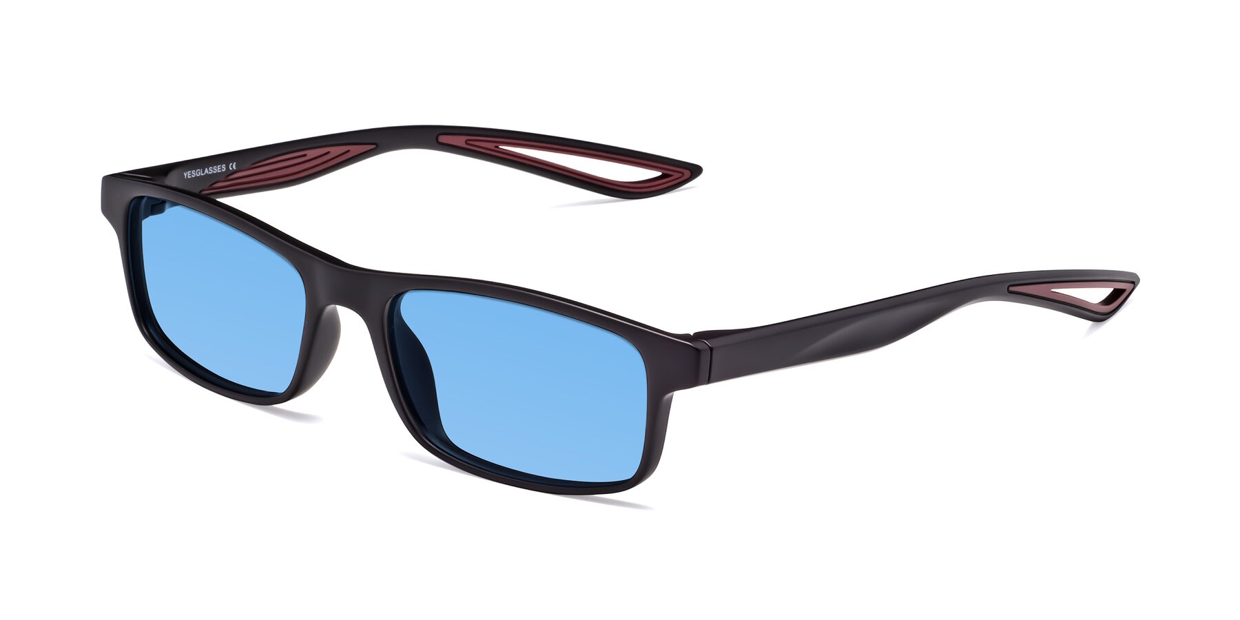 Angle of Bill in Matte Black-Wine with Medium Blue Tinted Lenses