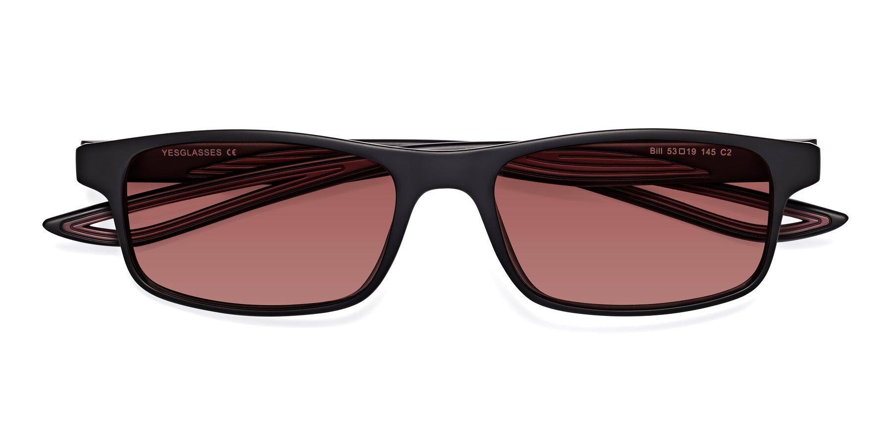 Folded Front of Bill in Matte Black-Wine with Garnet Tinted Lenses