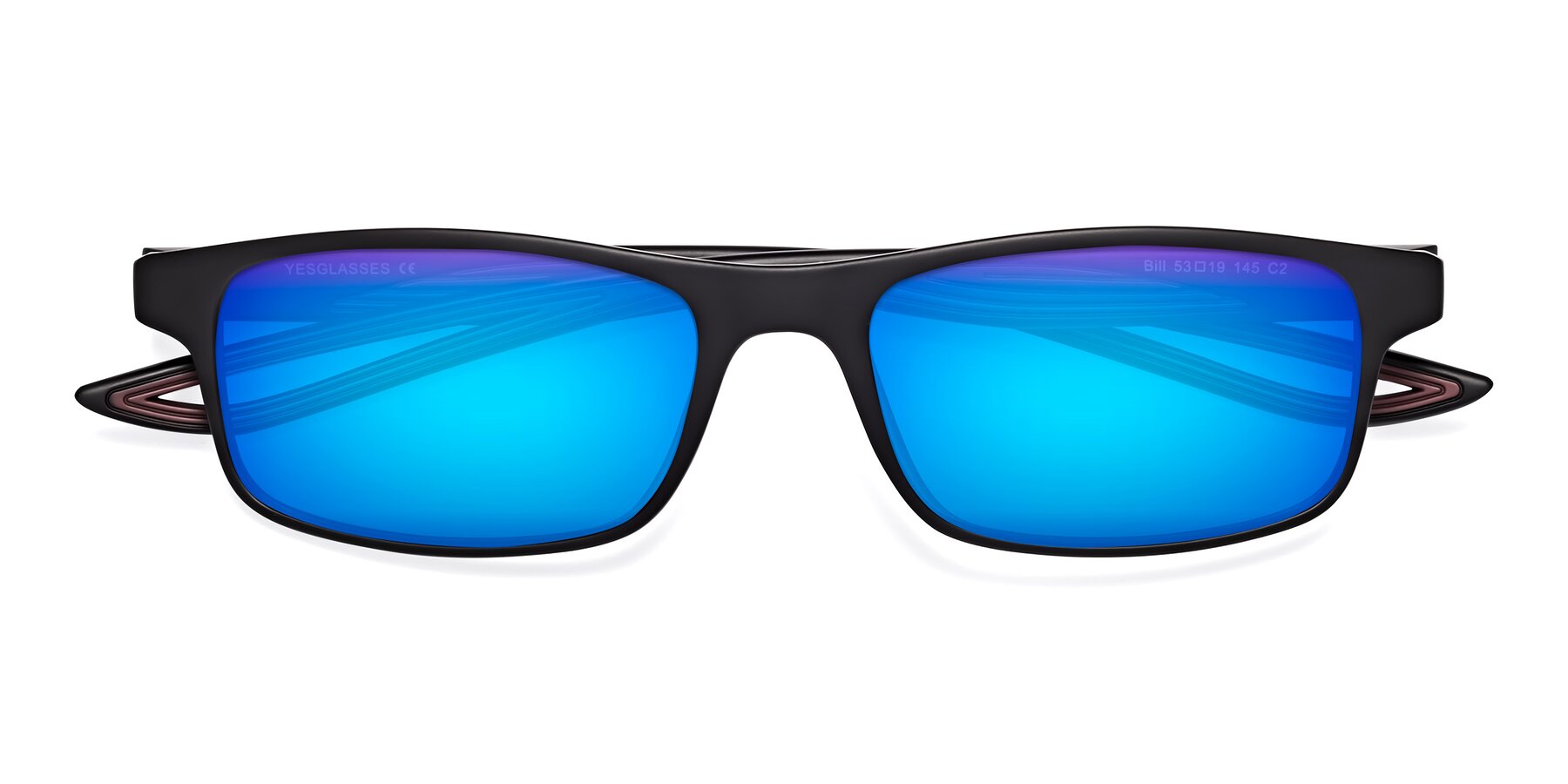 Folded Front of Bill in Matte Black-Wine with Blue Mirrored Lenses