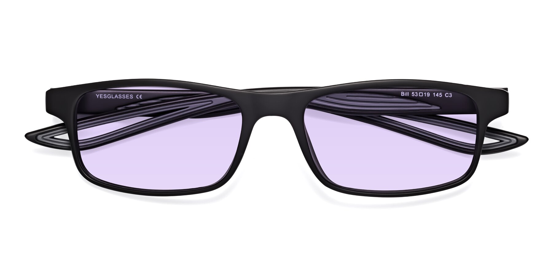 Folded Front of Bill in Matte Black-Gray with Light Purple Tinted Lenses