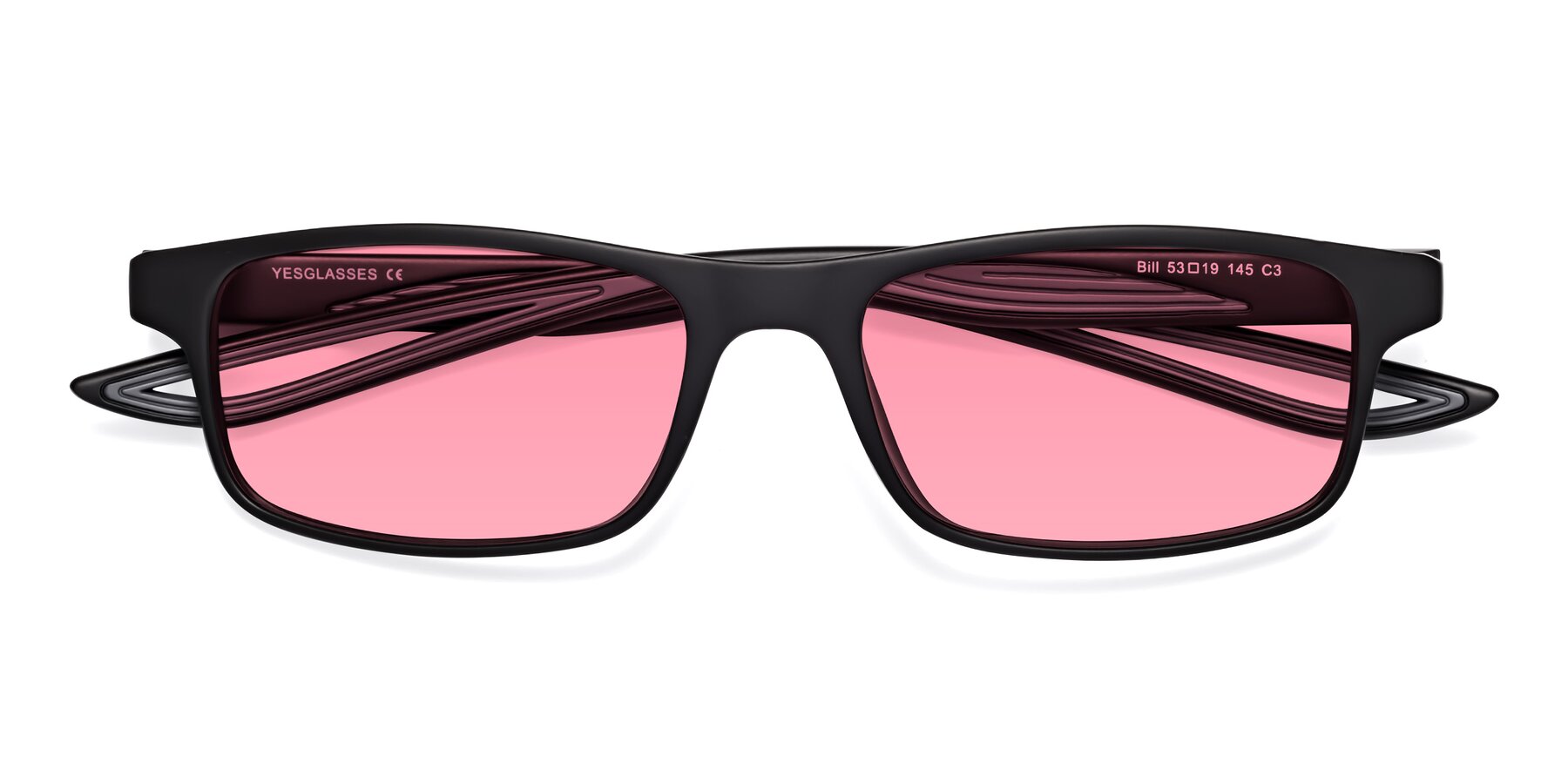 Folded Front of Bill in Matte Black-Gray with Pink Tinted Lenses