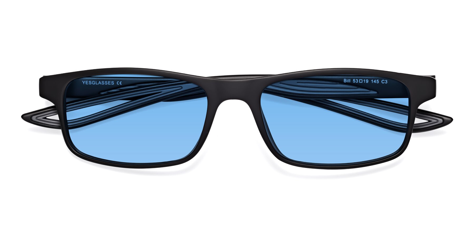Folded Front of Bill in Matte Black-Gray with Medium Blue Tinted Lenses