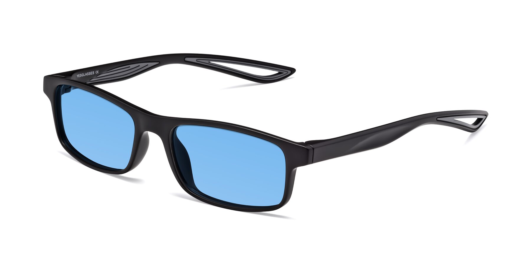 Angle of Bill in Matte Black-Gray with Medium Blue Tinted Lenses