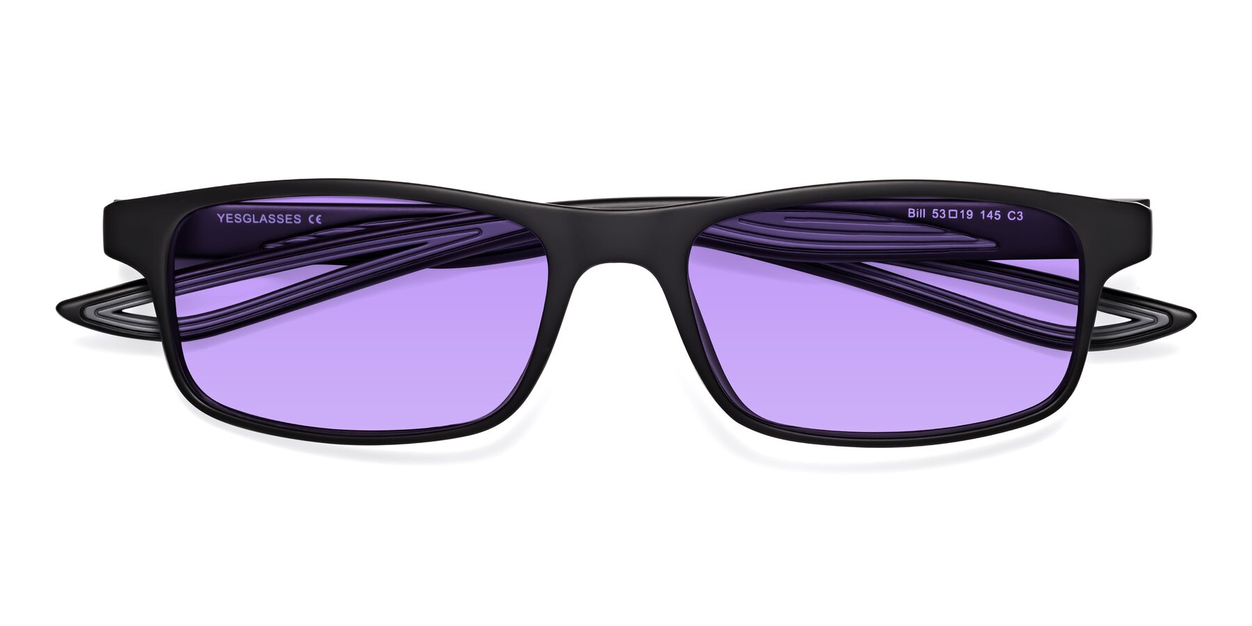 Folded Front of Bill in Matte Black-Gray with Medium Purple Tinted Lenses