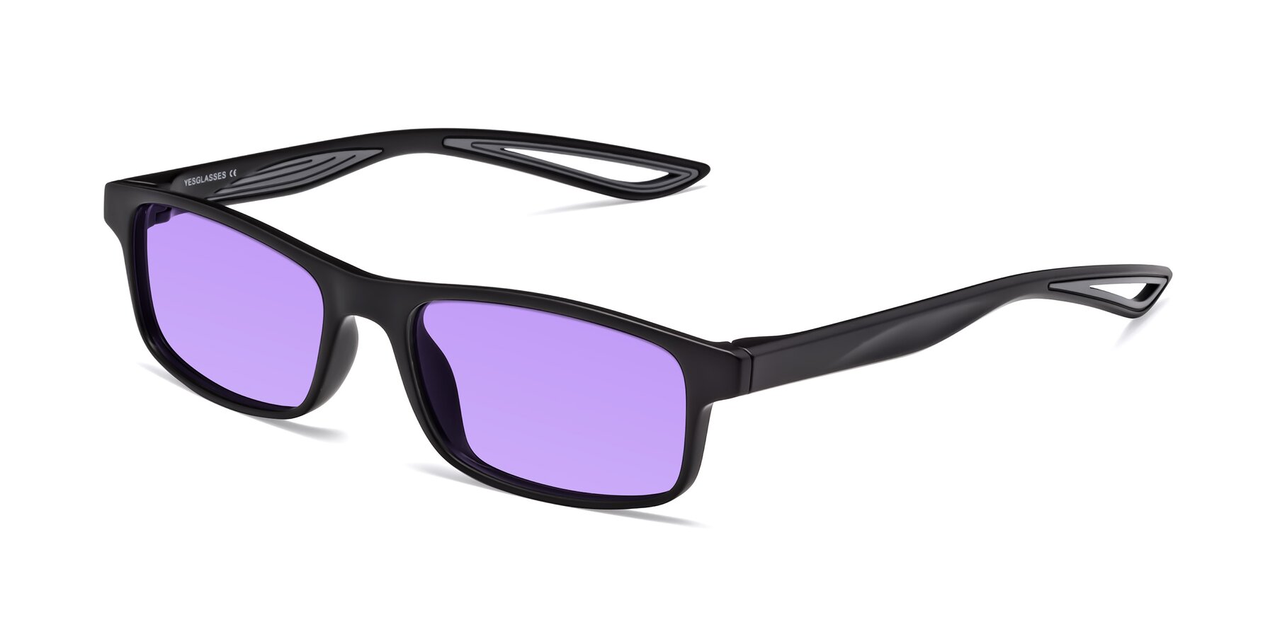 Angle of Bill in Matte Black-Gray with Medium Purple Tinted Lenses