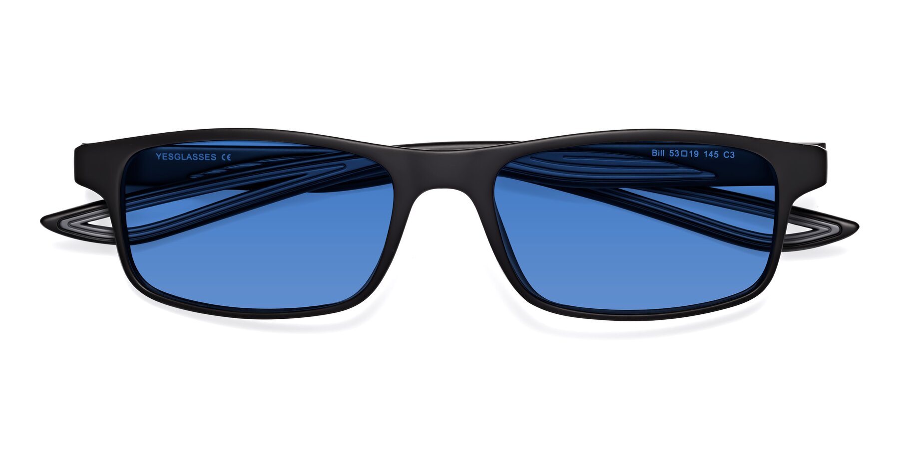Folded Front of Bill in Matte Black-Gray with Blue Tinted Lenses
