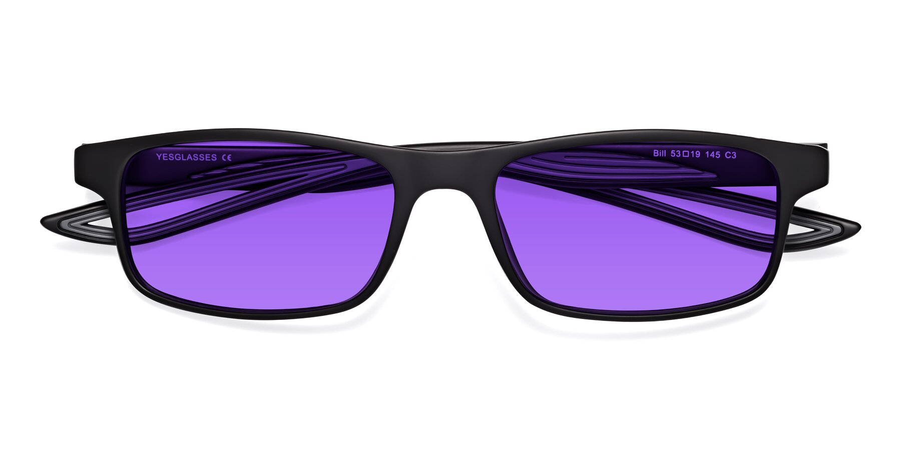 Folded Front of Bill in Matte Black-Gray with Purple Tinted Lenses
