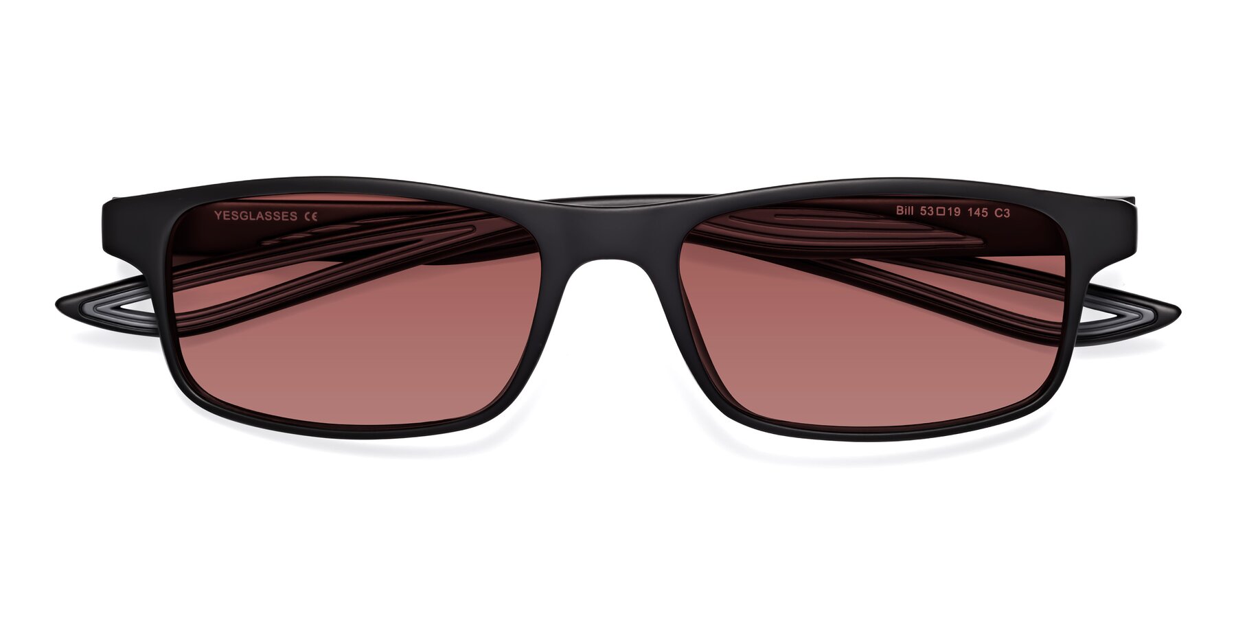 Folded Front of Bill in Matte Black-Gray with Garnet Tinted Lenses