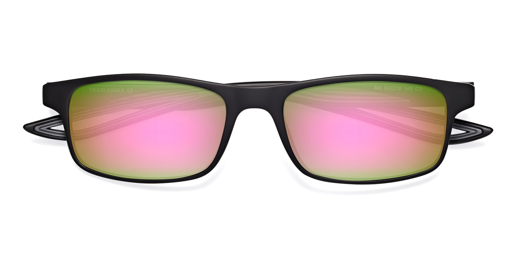Folded Front of Bill in Matte Black-Gray with Pink Mirrored Lenses