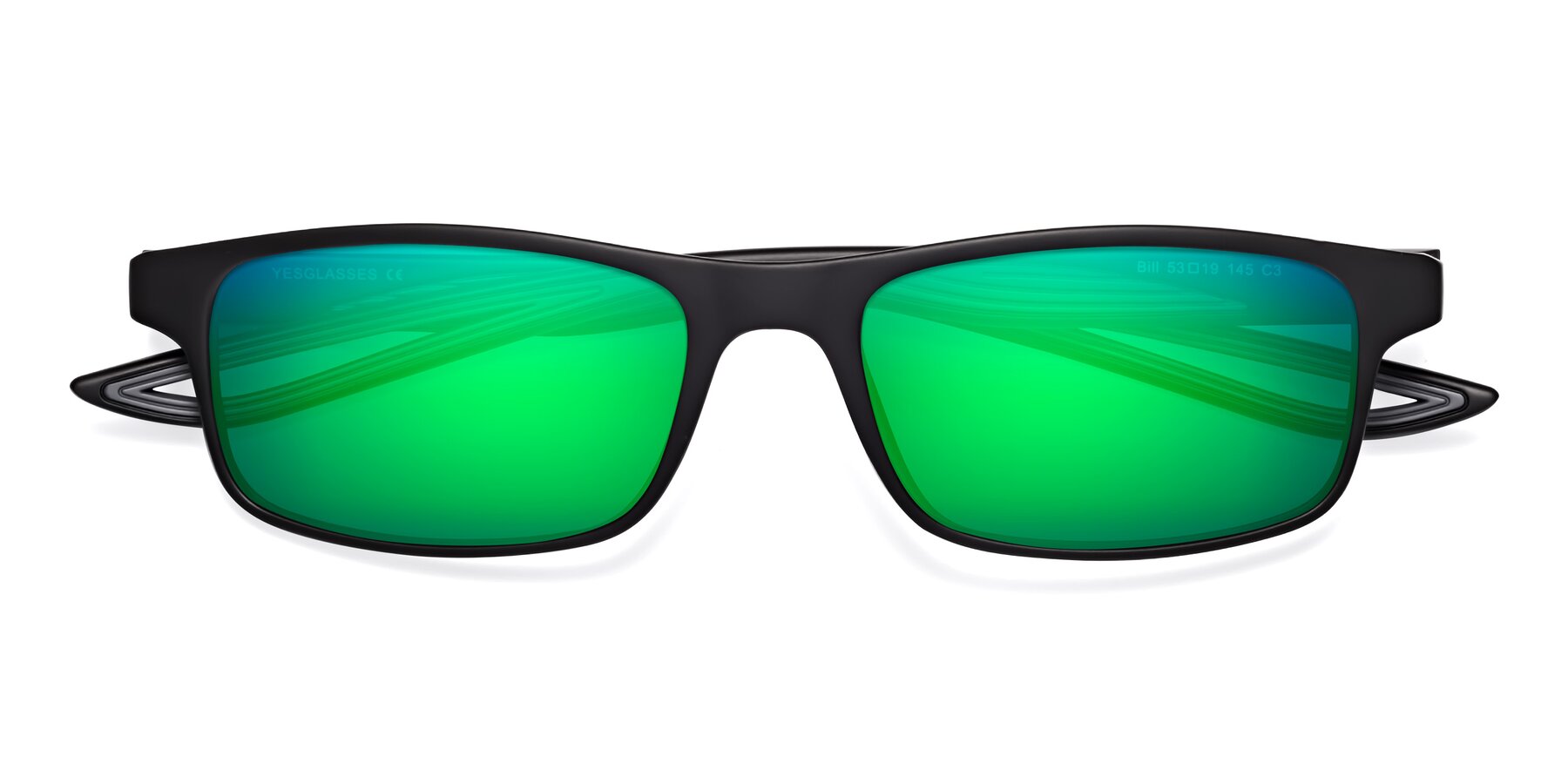 Folded Front of Bill in Matte Black-Gray with Green Mirrored Lenses