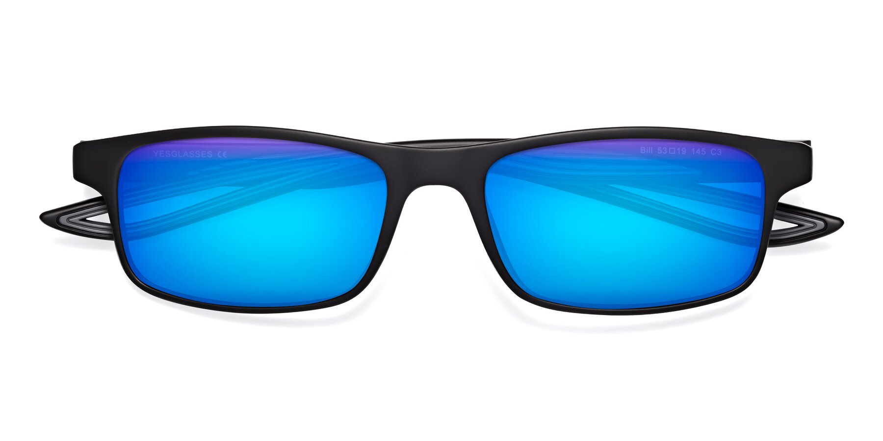 Folded Front of Bill in Matte Black-Gray with Blue Mirrored Lenses