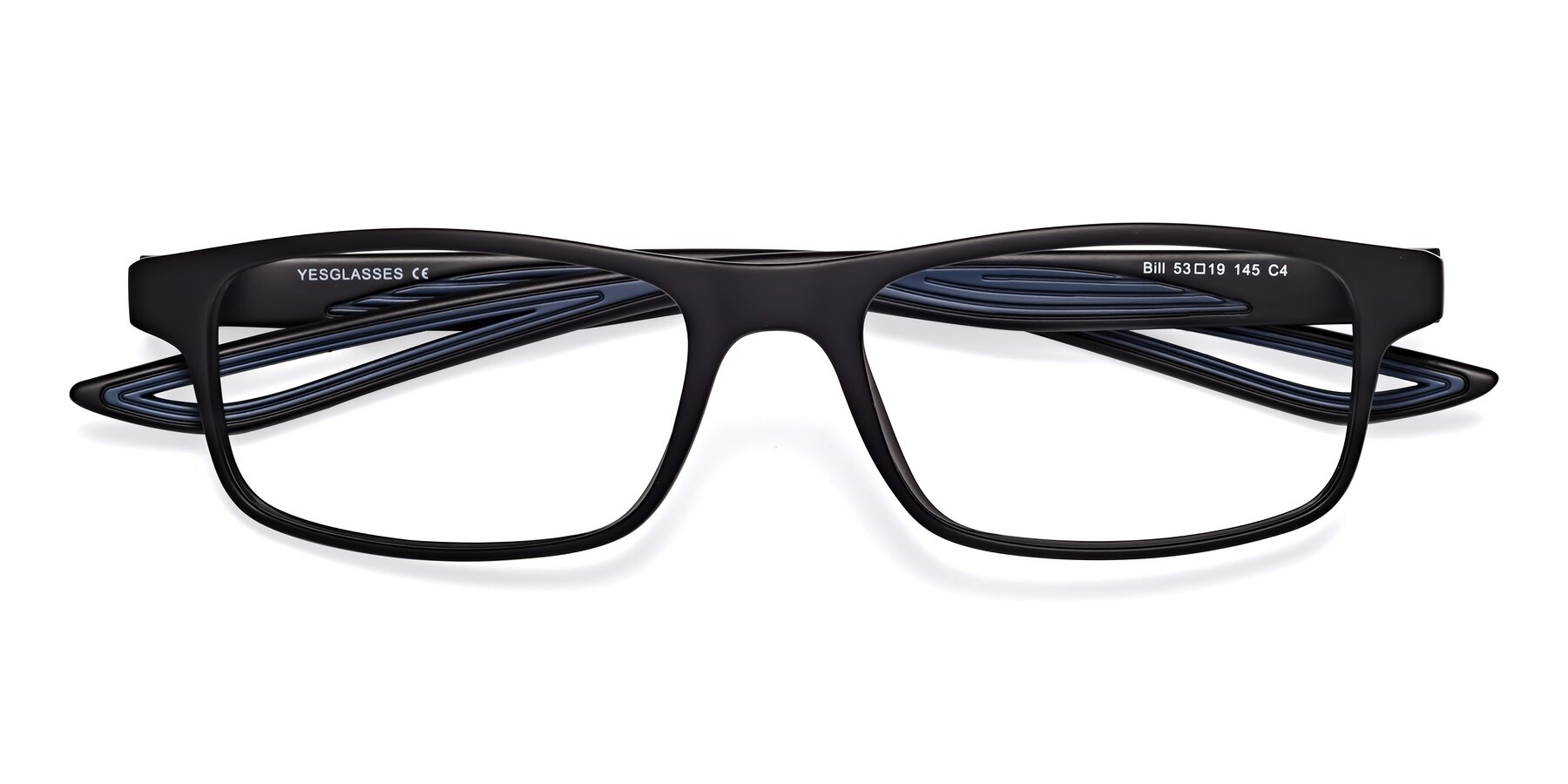 Folded Front of Bill in Matte Black-Blue with Clear Reading Eyeglass Lenses