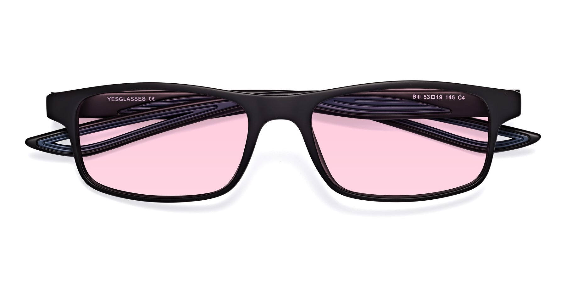 Folded Front of Bill in Matte Black-Blue with Light Pink Tinted Lenses