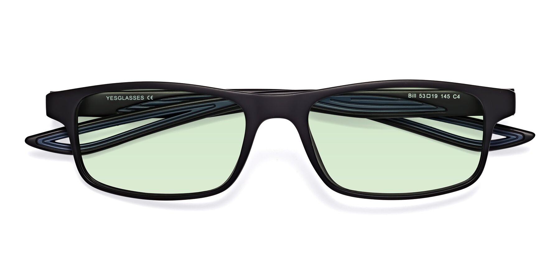 Folded Front of Bill in Matte Black-Blue with Light Green Tinted Lenses