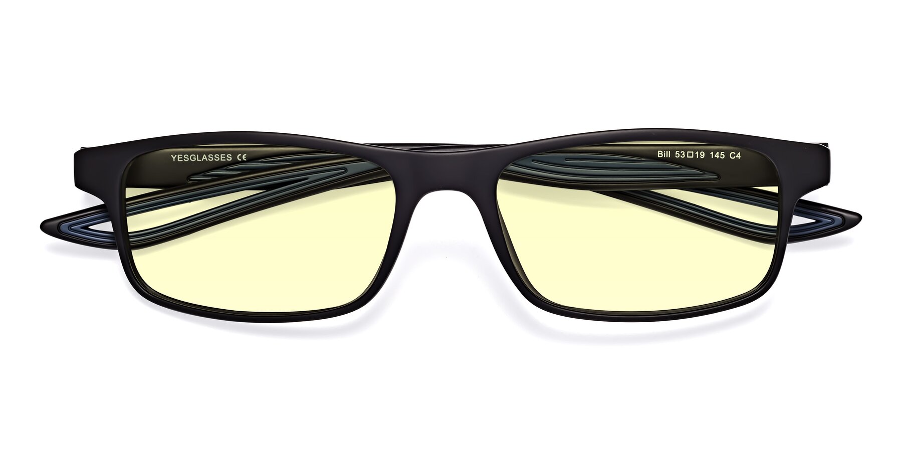 Folded Front of Bill in Matte Black-Blue with Light Yellow Tinted Lenses