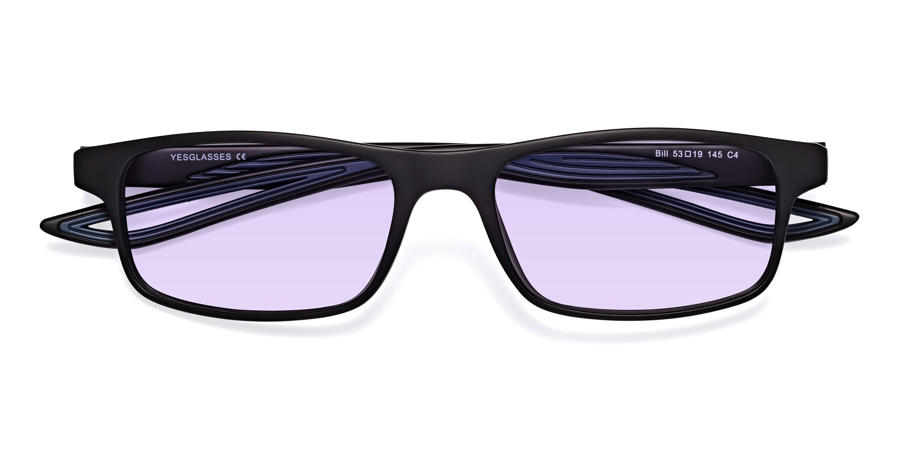 Folded Front of Bill in Matte Black-Blue with Light Purple Tinted Lenses