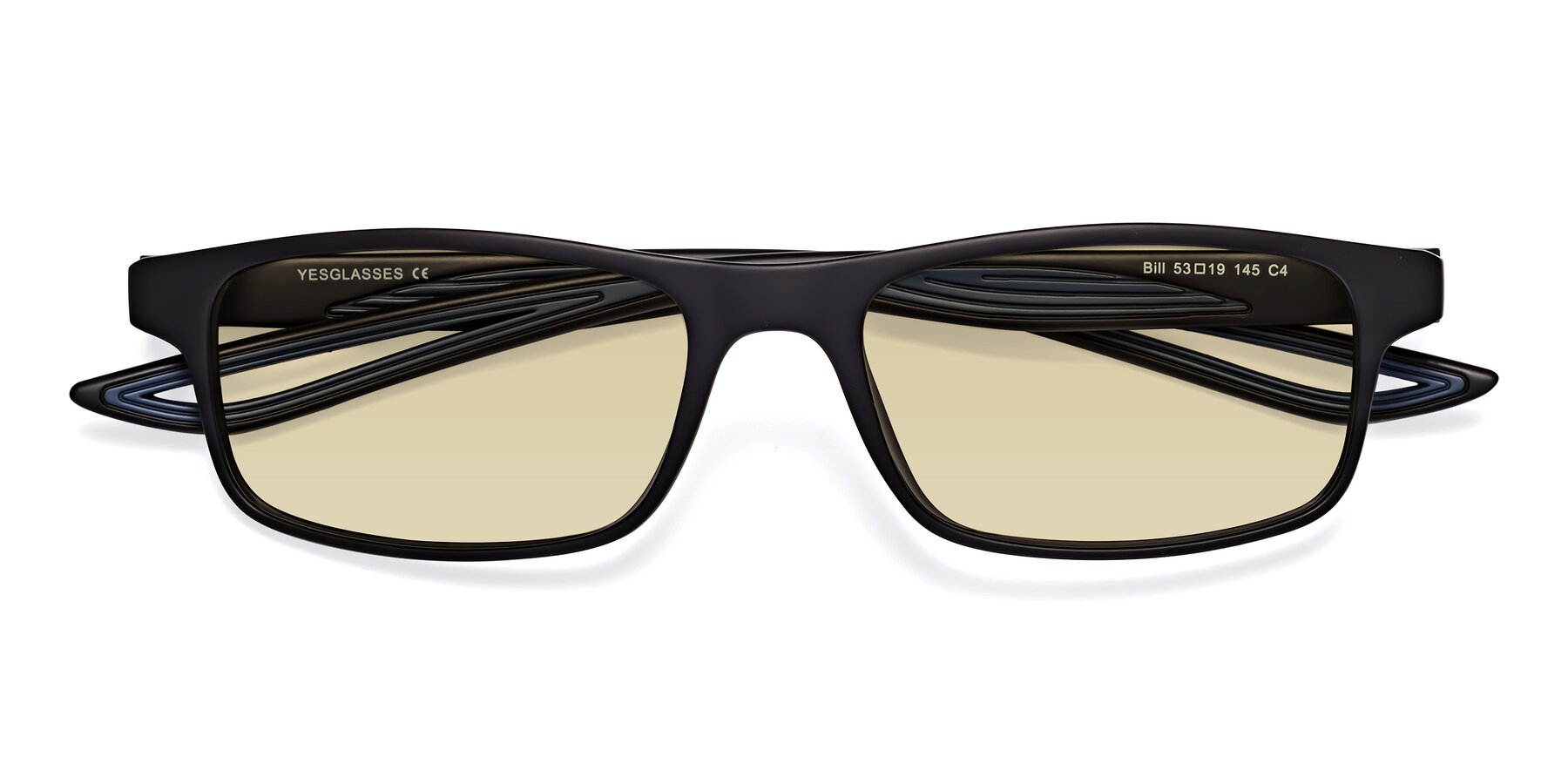 Folded Front of Bill in Matte Black-Blue with Light Champagne Tinted Lenses
