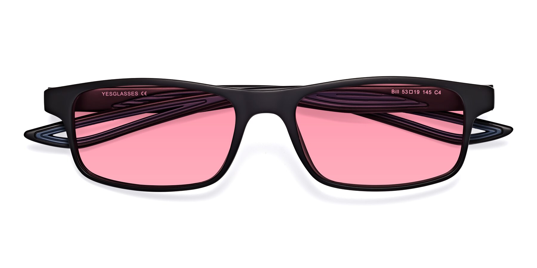 Folded Front of Bill in Matte Black-Blue with Pink Tinted Lenses