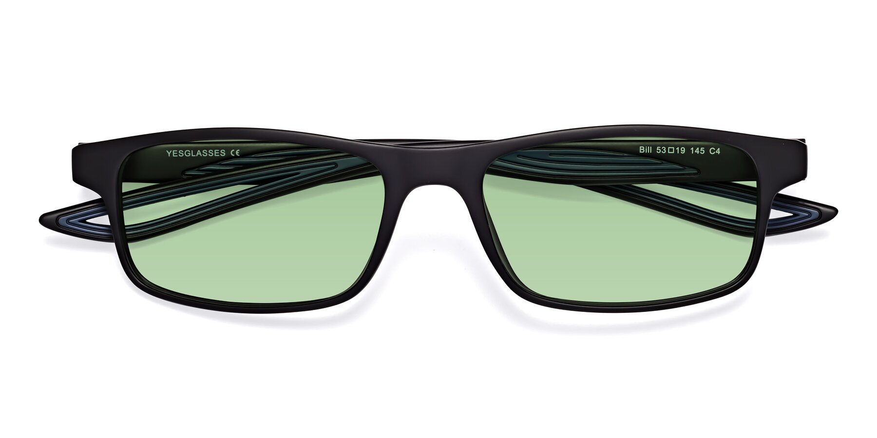 Folded Front of Bill in Matte Black-Blue with Medium Green Tinted Lenses
