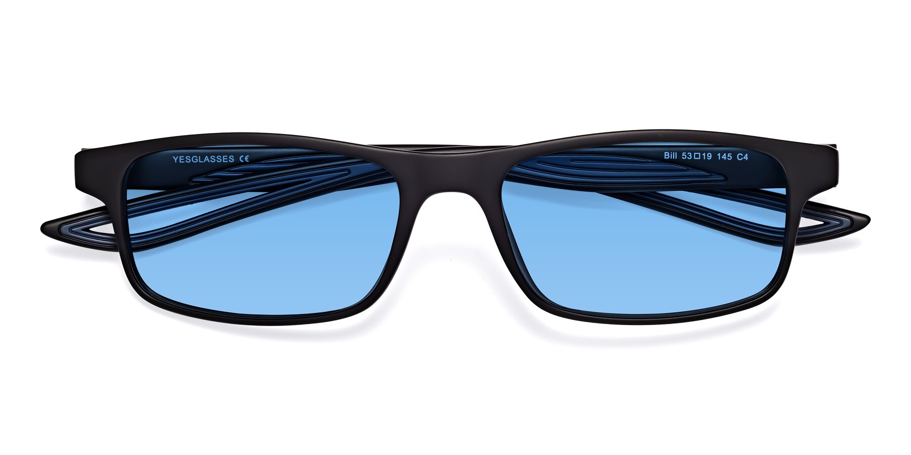 Folded Front of Bill in Matte Black-Blue with Medium Blue Tinted Lenses