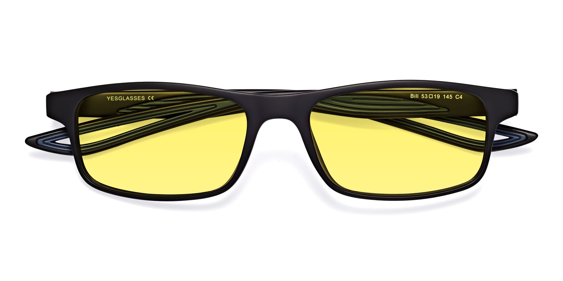 Folded Front of Bill in Matte Black-Blue with Medium Yellow Tinted Lenses