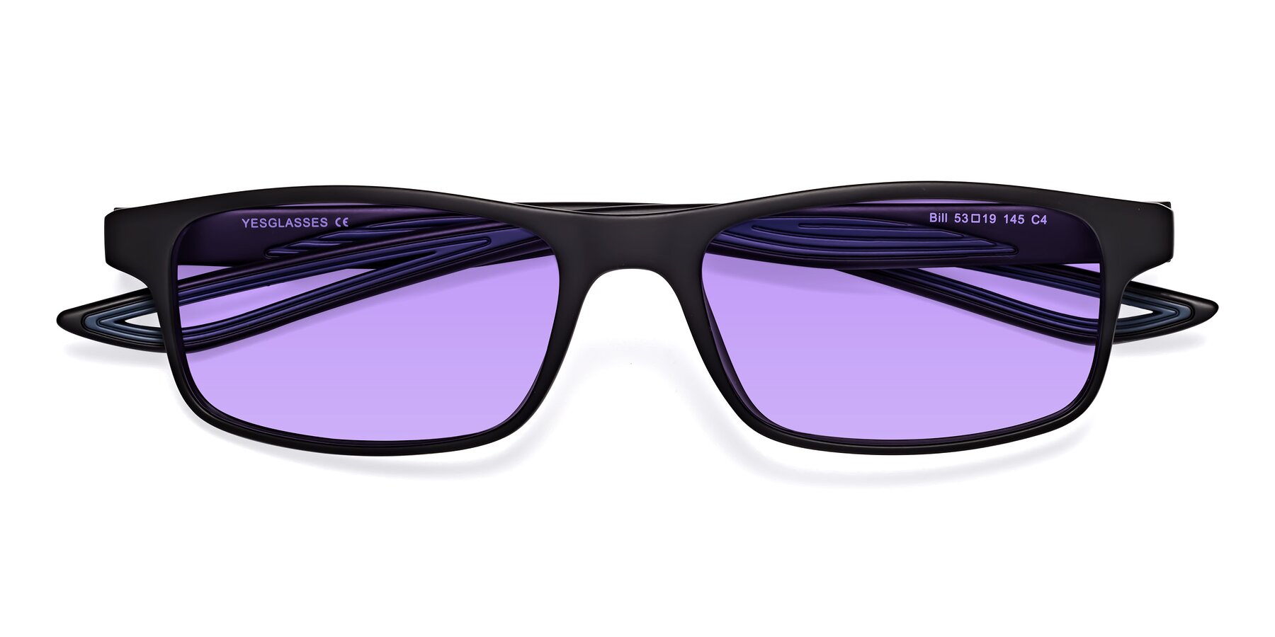 Folded Front of Bill in Matte Black-Blue with Medium Purple Tinted Lenses