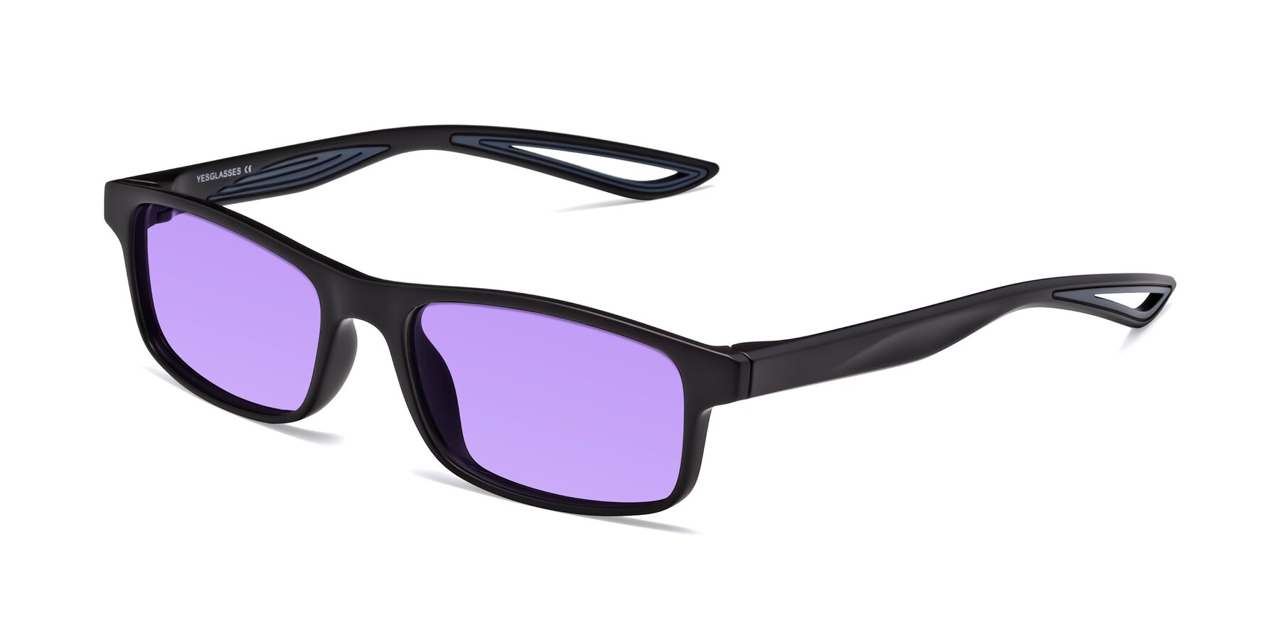 Angle of Bill in Matte Black-Blue with Medium Purple Tinted Lenses