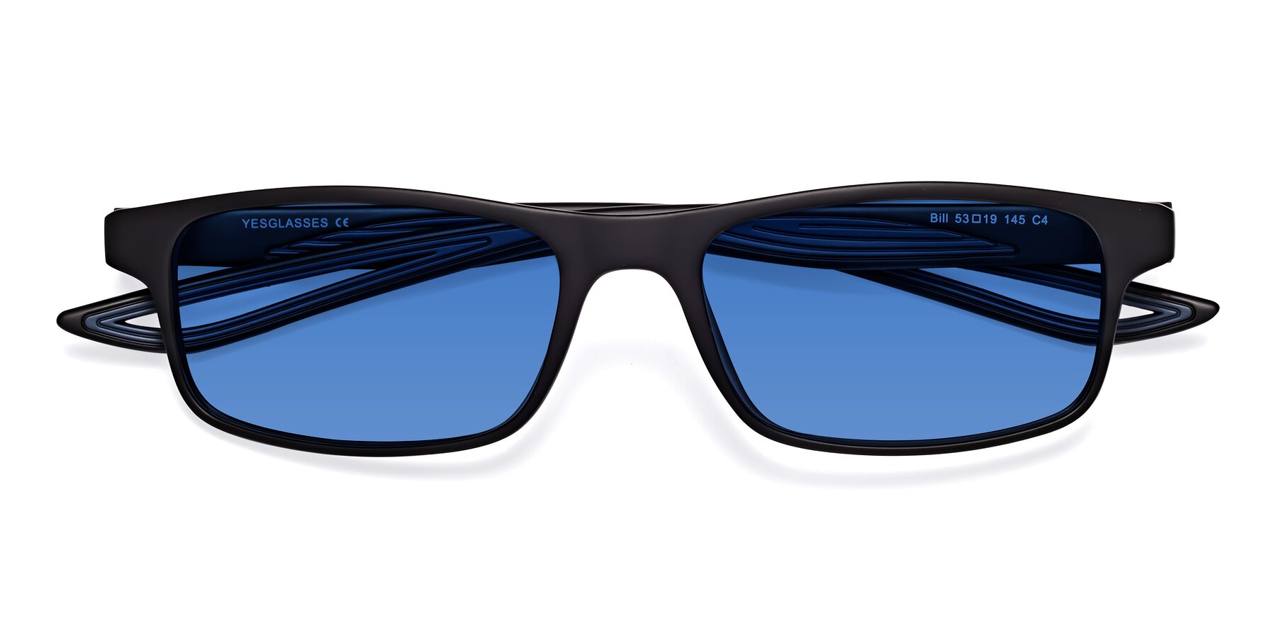 Folded Front of Bill in Matte Black-Blue with Blue Tinted Lenses